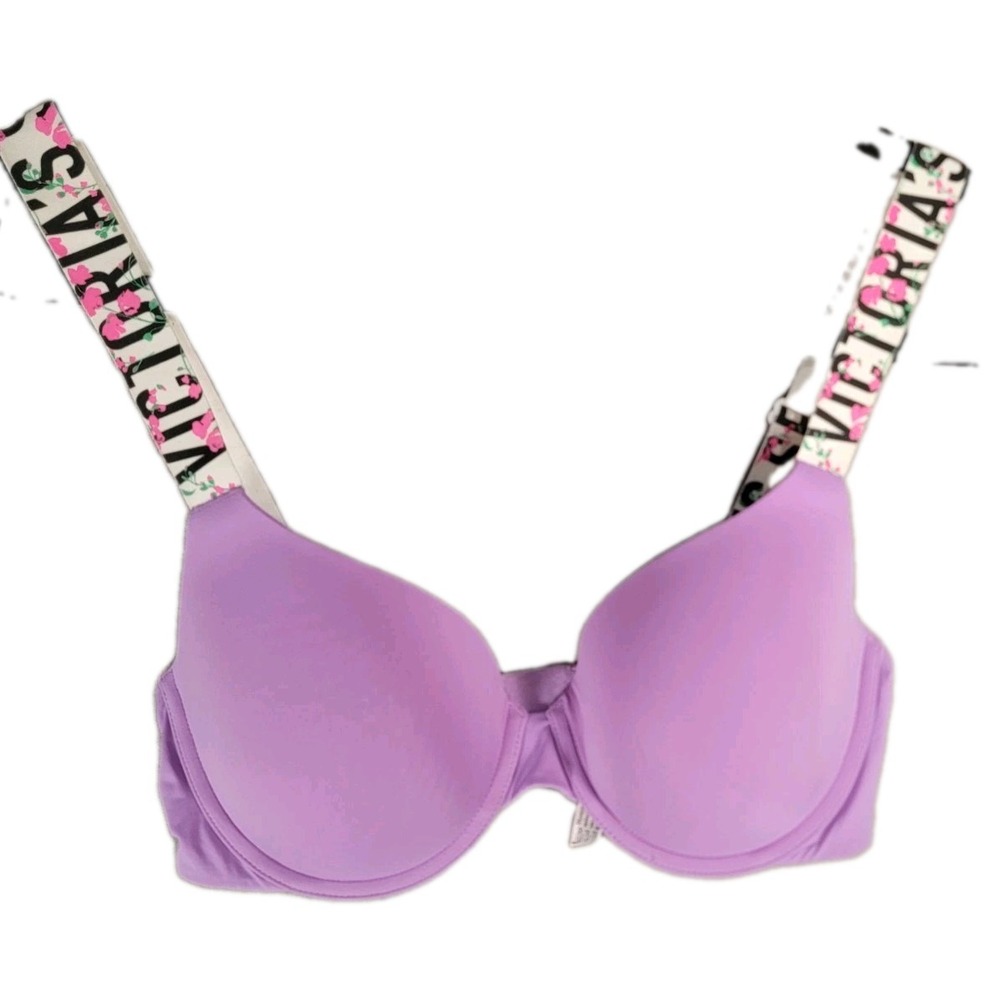 Victorias Secret T-Shirt Bra 34D Lilac Lavender Floral Logo Strap Demi Underwire